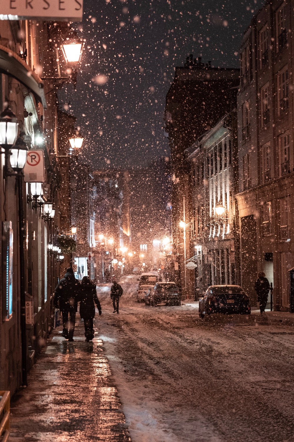 Montreal, Canada - City street in winter with snowfall