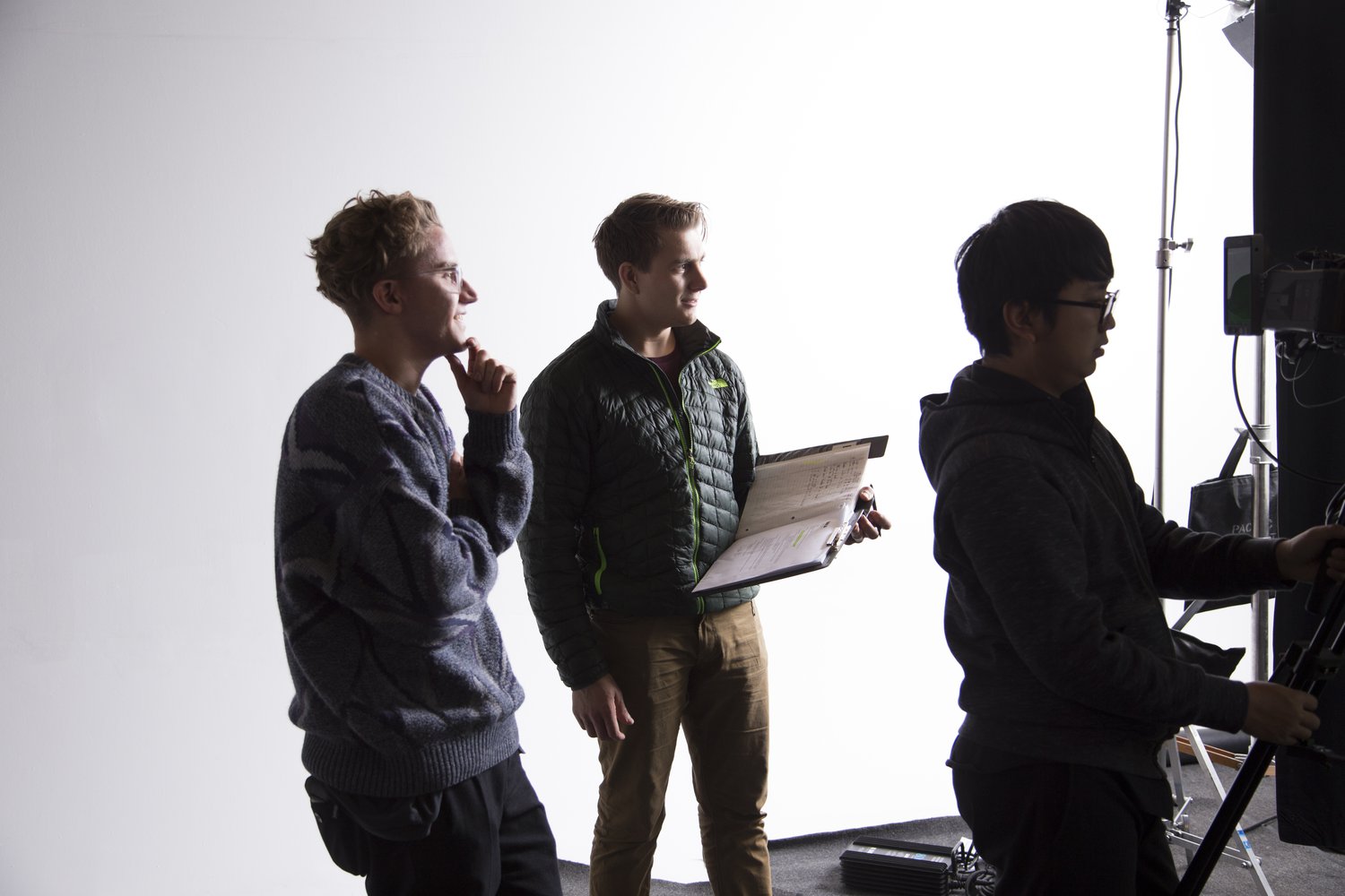 Jeremy Cox, Kristoff Duxbury, Cedric Yu on a commercial set in Vancouver, March 2013