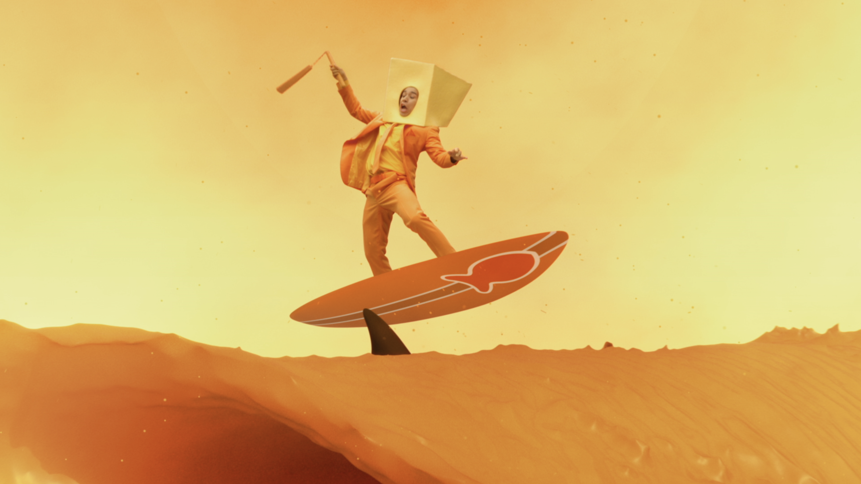 Goldfish Crackers Campaign - Cheddar guy Surfing on wave of cheese.