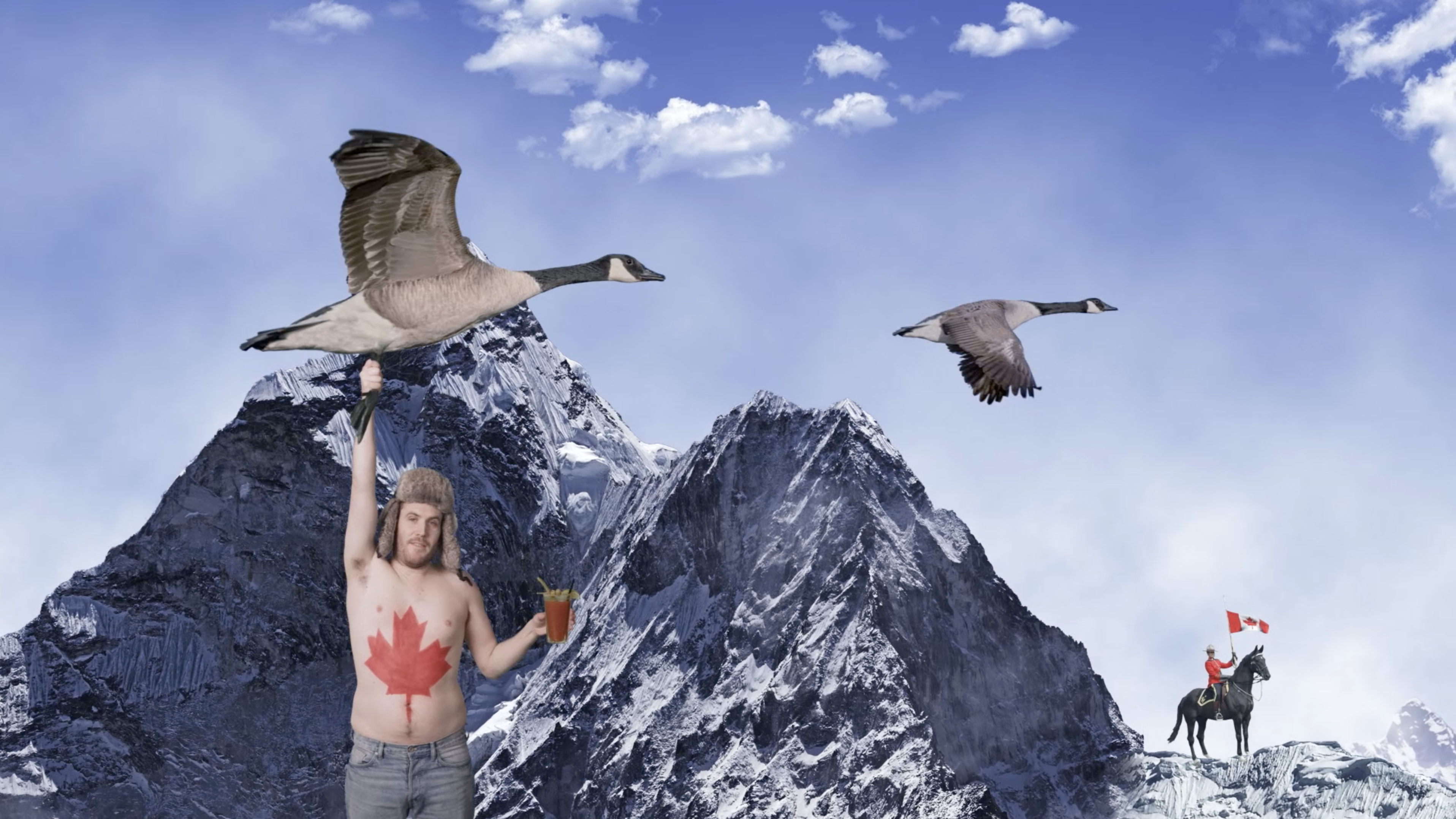 Man drinking caesar while hanging onto canadian goose